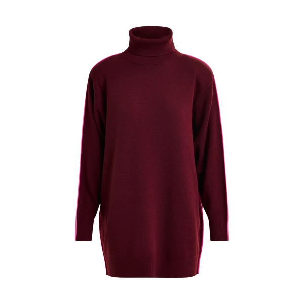 Essentiel Antwerp Burgundy and pink turtleneck wool-blend mini dress with contrast stripe - Essentiel Antwerp Dresses - Colorful Belgian Design - Shop at Coveti