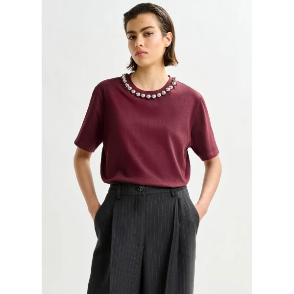 Essentiel Antwerp Burgundy and silver cotton T-shirt with metallic pearl-style embellishments Top, view 2