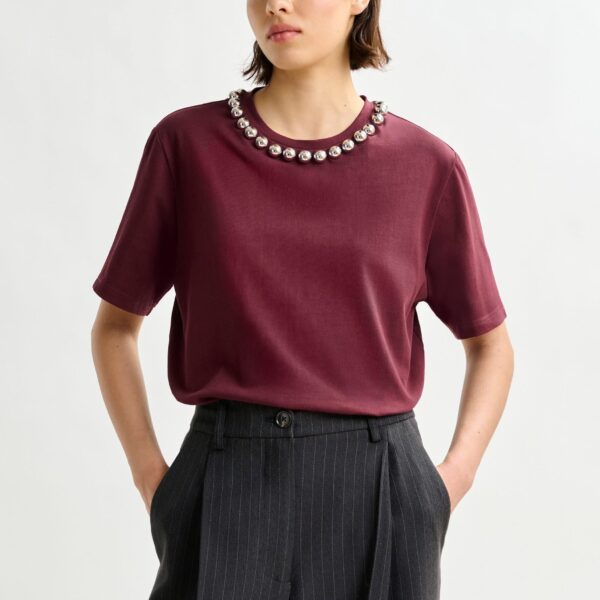Essentiel Antwerp Burgundy and silver cotton T-shirt with metallic pearl-style embellishments - Essentiel Antwerp Shirts - Colorful Belgian Design - Shop at Coveti