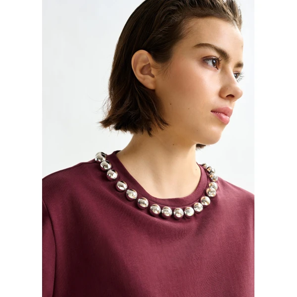 Essentiel Antwerp Burgundy and silver cotton T-shirt with metallic pearl-style embellishments Top, view 3
