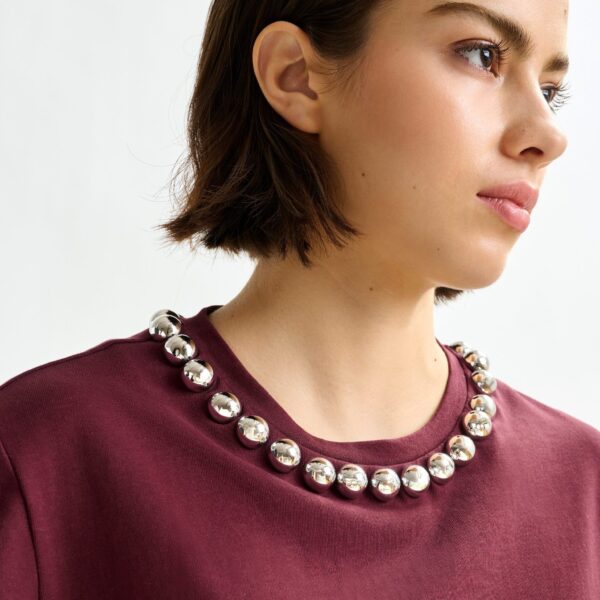 Essentiel Antwerp Burgundy and silver cotton T-shirt with metallic pearl-style embellishments - Essentiel Antwerp Shirts - Colorful Belgian Design - Shop at Coveti