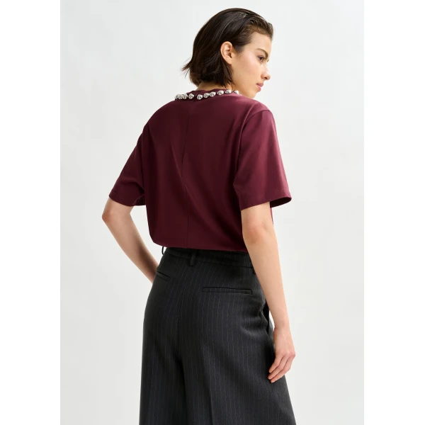 Essentiel Antwerp Burgundy and silver cotton T-shirt with metallic pearl-style embellishments Top, view 4