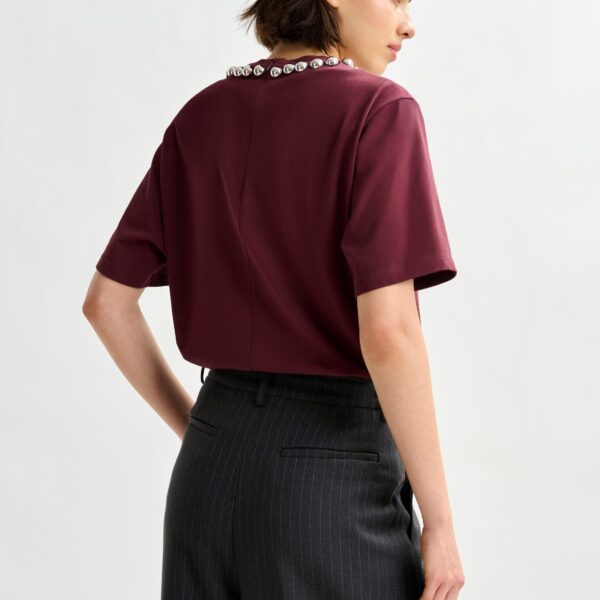 Essentiel Antwerp Burgundy and silver cotton T-shirt with metallic pearl-style embellishments - Essentiel Antwerp Shirts - Colorful Belgian Design - Shop at Coveti