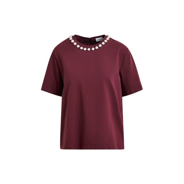 Essentiel Antwerp Burgundy and silver cotton T-shirt with metallic pearl-style embellishments - Essentiel Antwerp Shirts - Colorful Belgian Design - Shop at Coveti