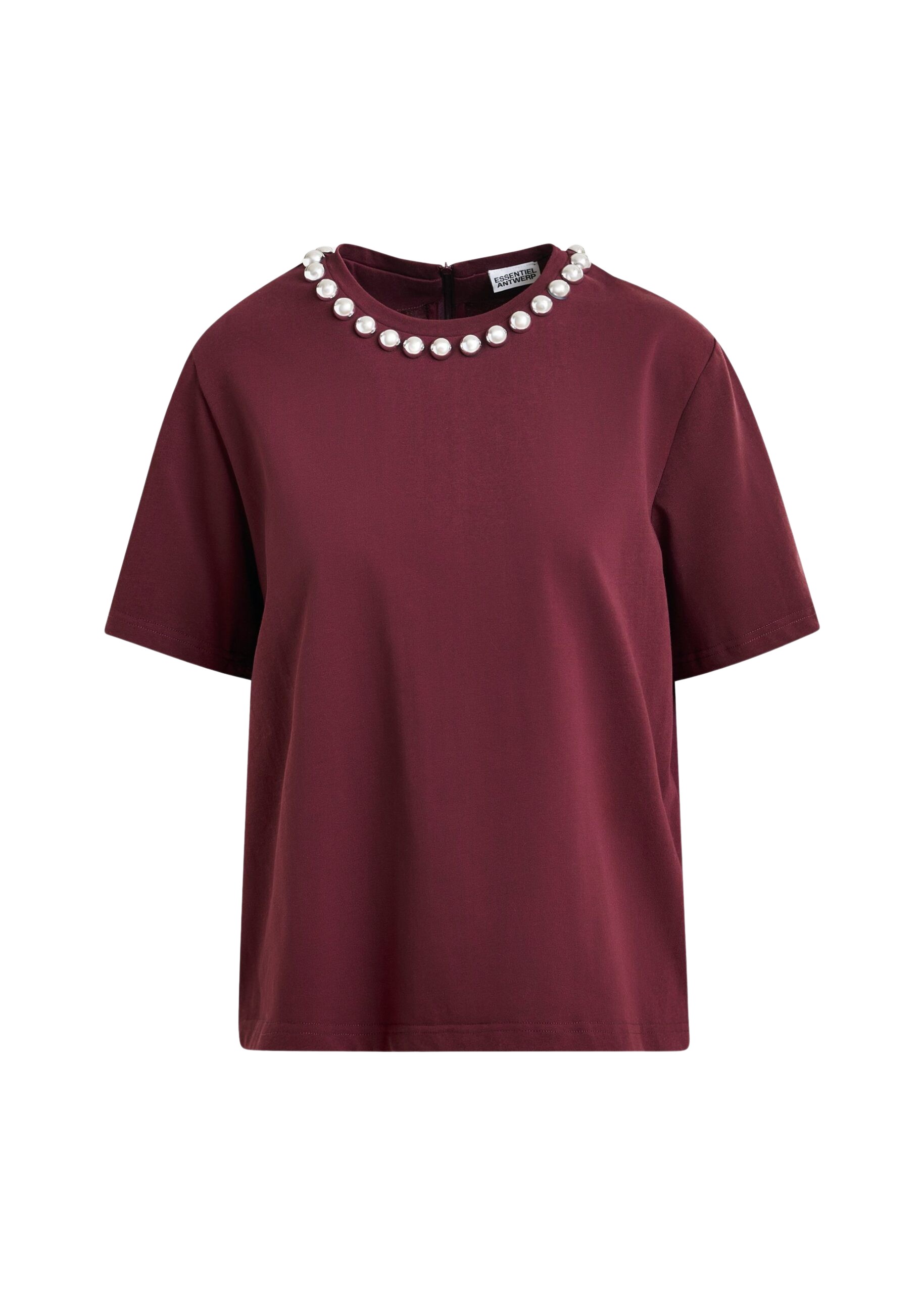 Essentiel Antwerp Burgundy and silver cotton T-shirt with metallic pearl-style embellishments - Essentiel Antwerp Shirts - Colorful Belgian Design - Shop at Coveti