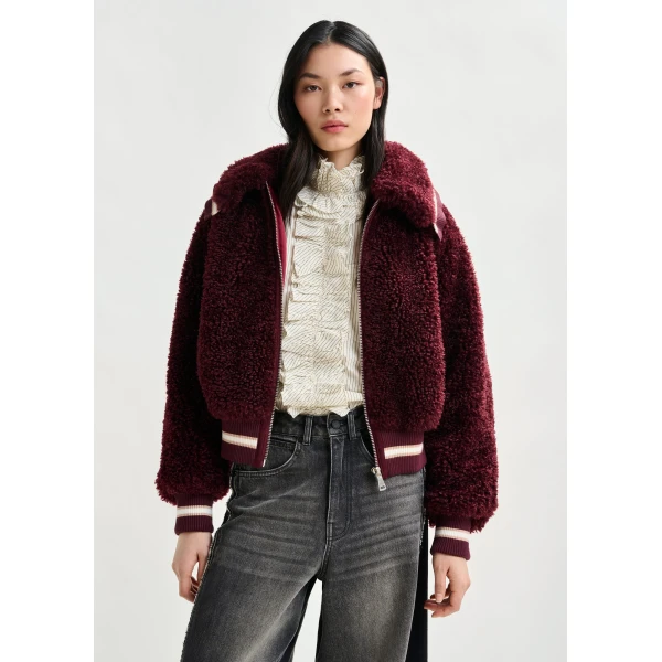 Essentiel Antwerp Burgundy and white oversized faux shearling bomber jacket, view 2