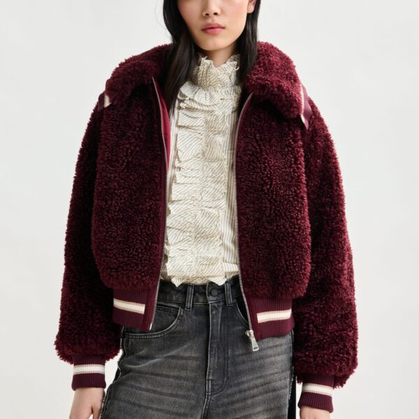 Essentiel Antwerp Burgundy and white oversized faux shearling bomber jacket - Essentiel Antwerp Jackets - Colorful Belgian Design - Shop at Coveti