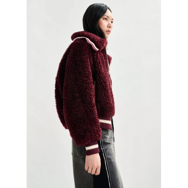 Essentiel Antwerp Burgundy and white oversized faux shearling bomber jacket, view 3
