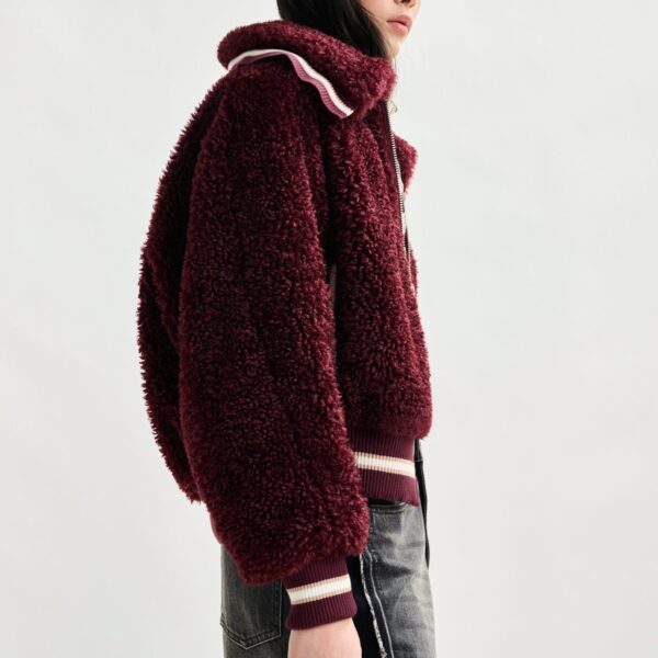Essentiel Antwerp Burgundy and white oversized faux shearling bomber jacket - Essentiel Antwerp Jackets - Colorful Belgian Design - Shop at Coveti