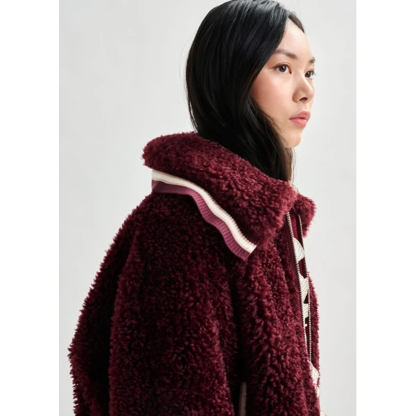Essentiel Antwerp Burgundy and white oversized faux shearling bomber jacket, view 4