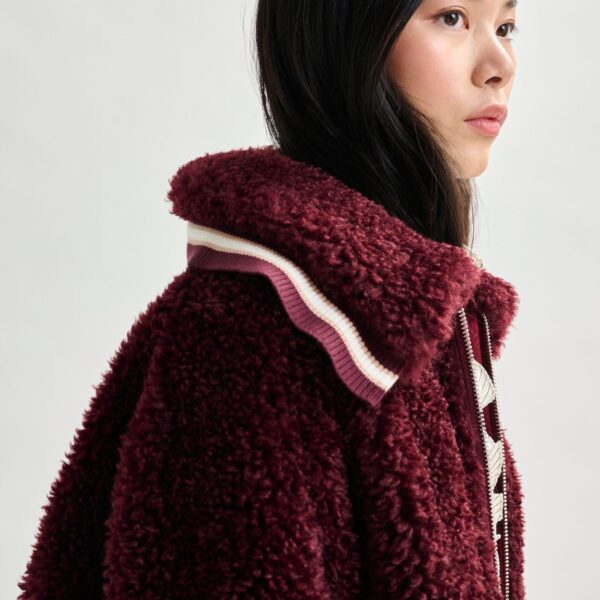 Essentiel Antwerp Burgundy and white oversized faux shearling bomber jacket - Essentiel Antwerp Jackets - Colorful Belgian Design - Shop at Coveti