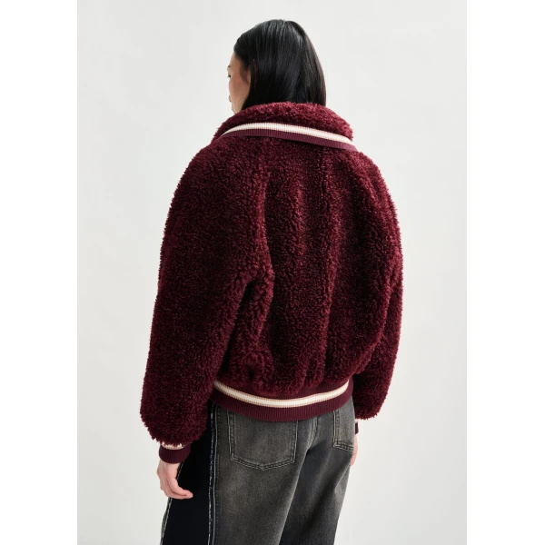 Essentiel Antwerp Burgundy and white oversized faux shearling bomber jacket, view 5