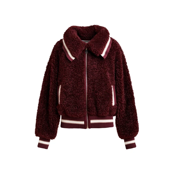 Essentiel Antwerp Burgundy and white oversized faux shearling bomber jacket - Essentiel Antwerp Jackets - Colorful Belgian Design - Shop at Coveti