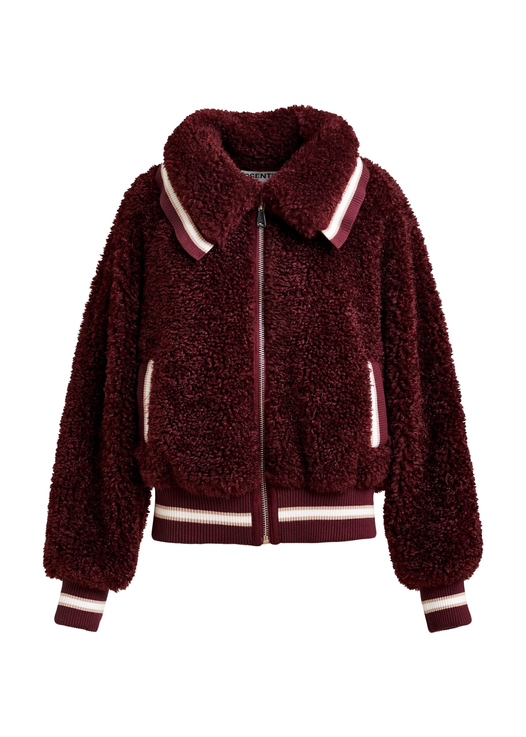 Essentiel Antwerp Burgundy and white oversized faux shearling bomber jacket