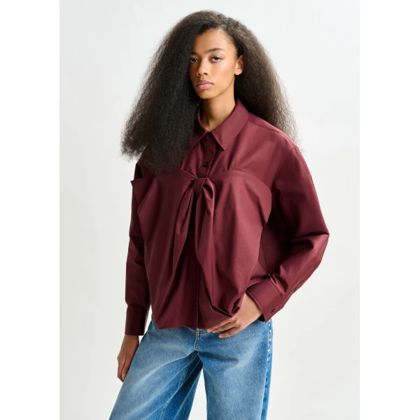 Essentiel Antwerp Burgundy bow-detailed cotton-blend shirt, view 2