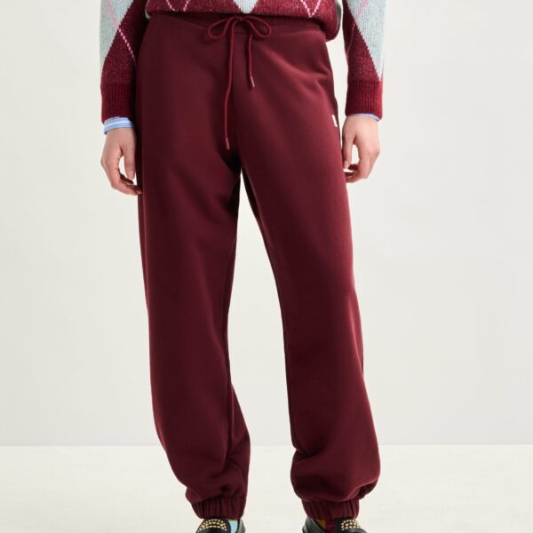 Essentiel Antwerp Burgundy cotton sweatpants with E-shaped embroidery - Essentiel Antwerp Pants - Colorful Belgian Design - Shop at Coveti