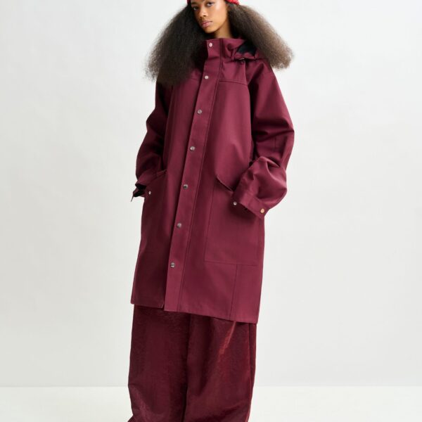 Essentiel Antwerp Burgundy hooded raincoat - Essentiel Antwerp Coats - Colorful Belgian Design - Shop at Coveti