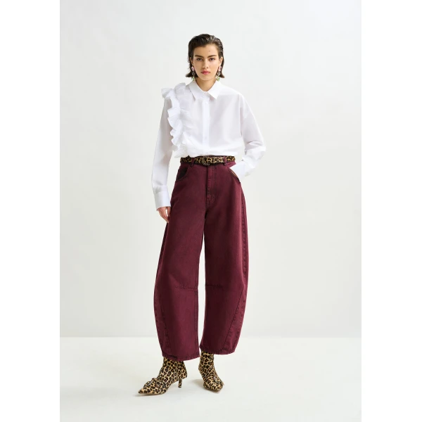 Essentiel Antwerp Burgundy overdyed organic cotton barrel-leg jeans, view 2
