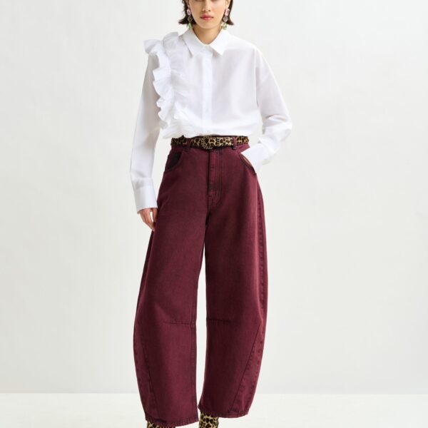 Essentiel Antwerp Burgundy overdyed organic cotton barrel-leg jeans - Essentiel Antwerp Pants - Colorful Belgian Design - Shop at Coveti