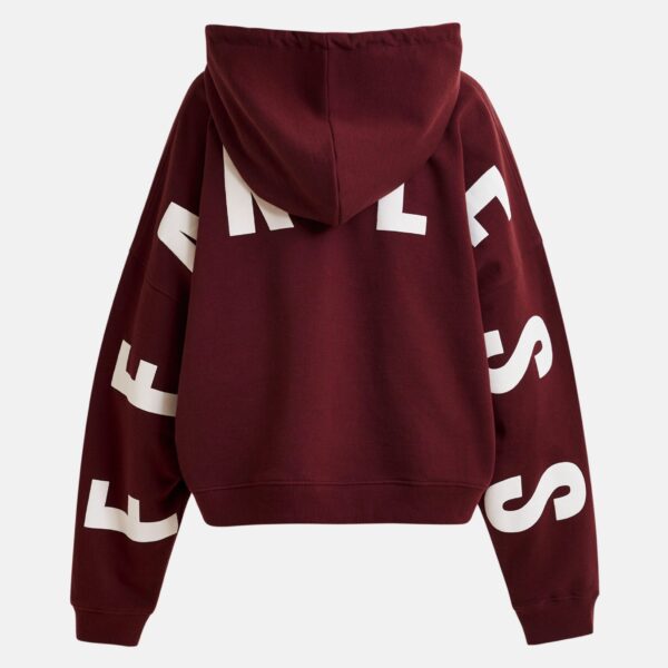 Essentiel Antwerp Burgundy oversized cotton hoodie with "fearless"-print - Essentiel Antwerp Hoodies - Colorful Belgian Design - Shop at Coveti