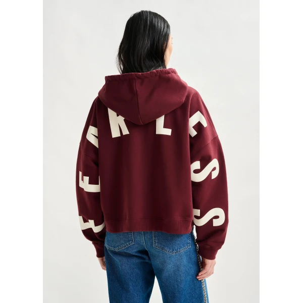 Essentiel Antwerp Burgundy oversized cotton hoodie with “fearless”-print, view 3