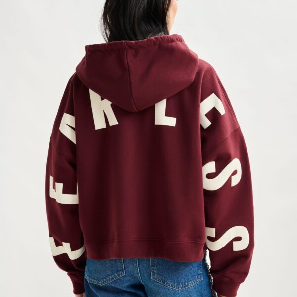 Essentiel Antwerp Burgundy oversized cotton hoodie with "fearless"-print - Essentiel Antwerp Hoodies - Colorful Belgian Design - Shop at Coveti