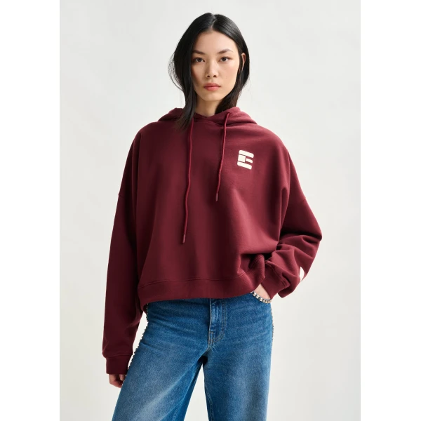 Essentiel Antwerp Burgundy oversized cotton hoodie with “fearless”-print, view 4