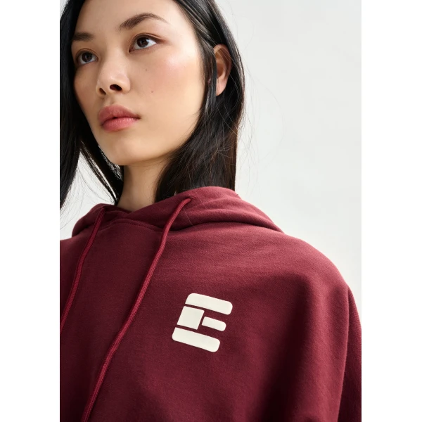 Essentiel Antwerp Burgundy oversized cotton hoodie with “fearless”-print, view 5