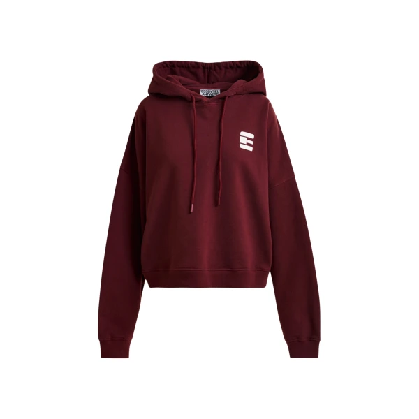 Essentiel Antwerp Burgundy oversized cotton hoodie with "fearless"-print - Essentiel Antwerp Hoodies - Colorful Belgian Design - Shop at Coveti