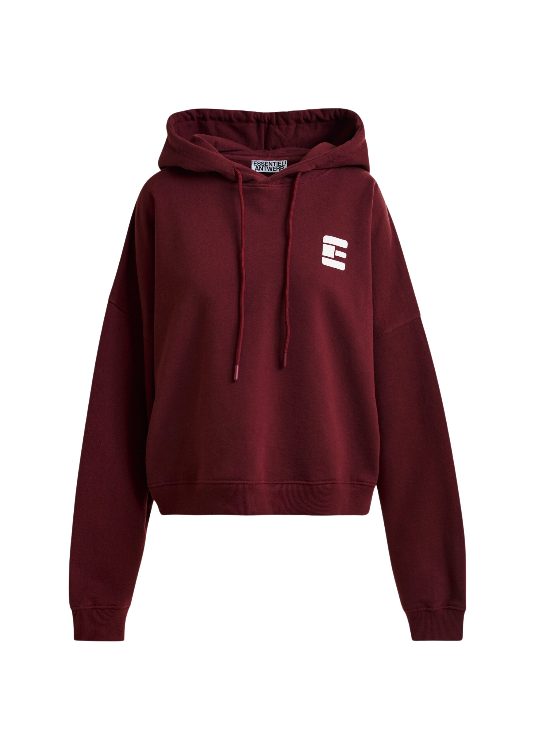 Essentiel Antwerp Burgundy oversized cotton hoodie with “fearless”-print