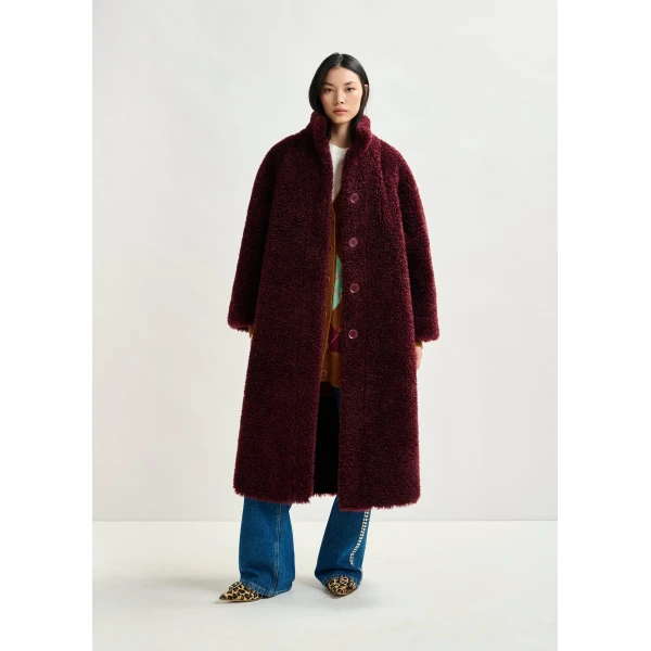 Essentiel Antwerp Burgundy oversized faux shearling coat with stand-up collar, view 2
