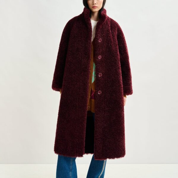 Essentiel Antwerp Burgundy oversized faux shearling coat with stand-up collar - Essentiel Antwerp Coats - Colorful Belgian Design - Shop at Coveti