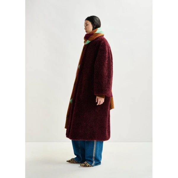 Essentiel Antwerp Burgundy oversized faux shearling coat with stand-up collar, view 3