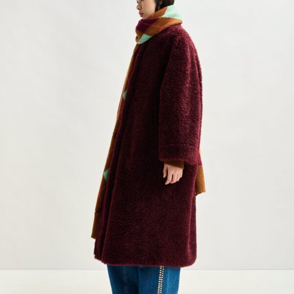Essentiel Antwerp Burgundy oversized faux shearling coat with stand-up collar - Essentiel Antwerp Coats - Colorful Belgian Design - Shop at Coveti