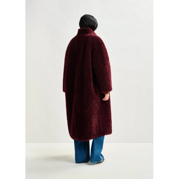 Essentiel Antwerp Burgundy oversized faux shearling coat with stand-up collar, view 4