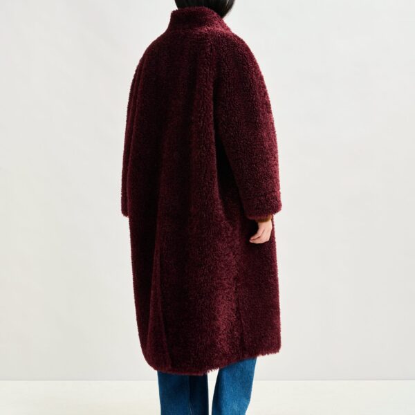 Essentiel Antwerp Burgundy oversized faux shearling coat with stand-up collar - Essentiel Antwerp Coats - Colorful Belgian Design - Shop at Coveti