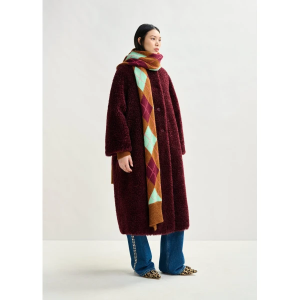 Essentiel Antwerp Burgundy oversized faux shearling coat with stand-up collar, view 5