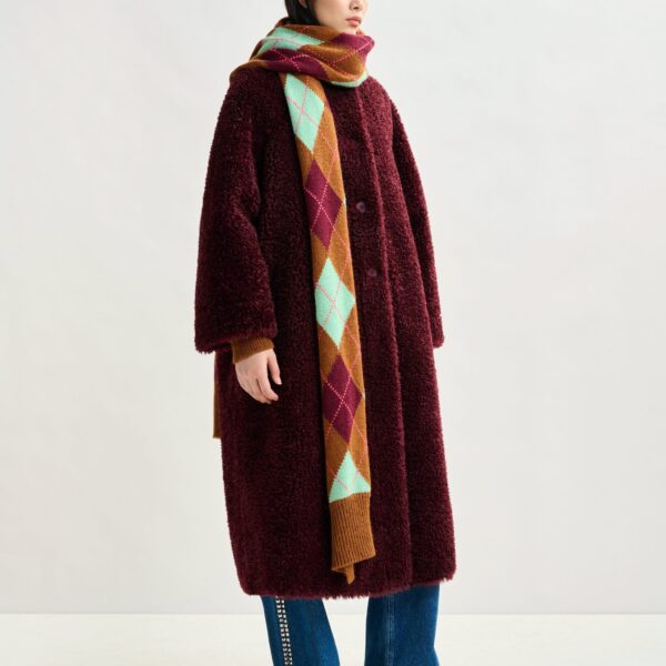 Essentiel Antwerp Burgundy oversized faux shearling coat with stand-up collar - Essentiel Antwerp Coats - Colorful Belgian Design - Shop at Coveti