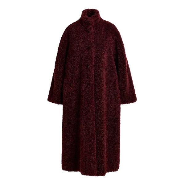 Essentiel Antwerp Burgundy oversized faux shearling coat with stand-up collar - Essentiel Antwerp Coats - Colorful Belgian Design - Shop at Coveti