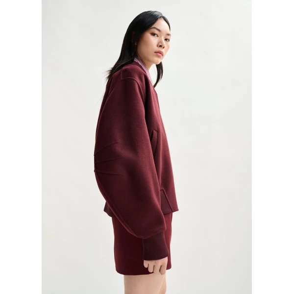 Essentiel Antwerp Burgundy oversized wool bomber jacket, view 3