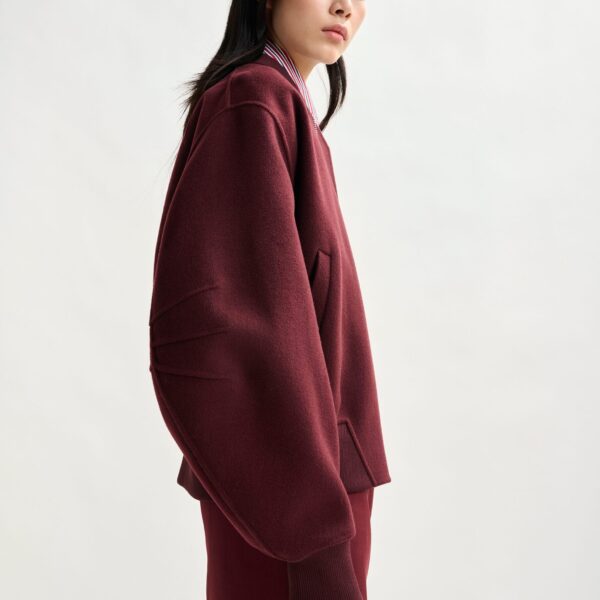 Essentiel Antwerp Burgundy oversized wool bomber jacket - Essentiel Antwerp Jackets - Colorful Belgian Design - Shop at Coveti