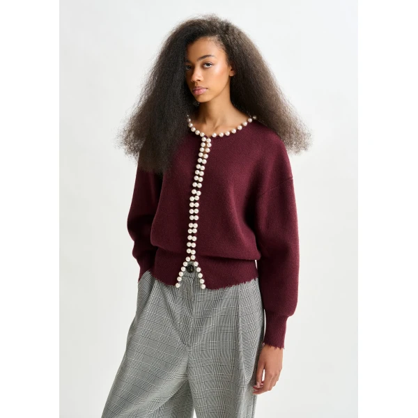 Essentiel Antwerp Burgundy pearl-embellished cardigan, view 2