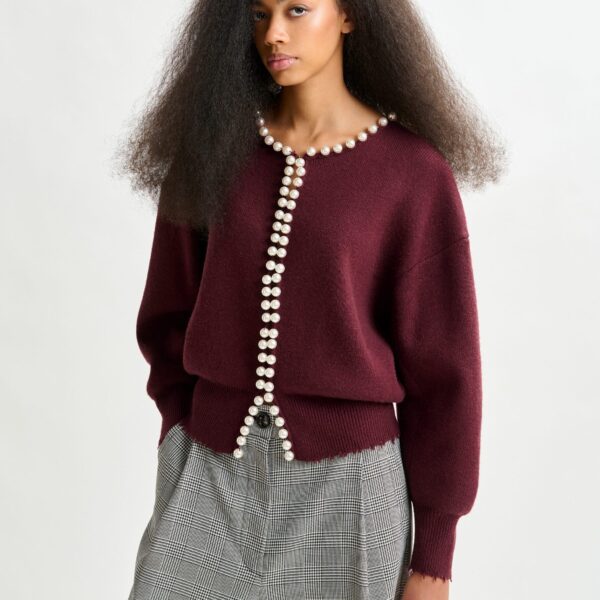 Essentiel Antwerp Burgundy pearl-embellished cardigan - Essentiel Antwerp Knitwear - Colorful Belgian Design - Shop at Coveti