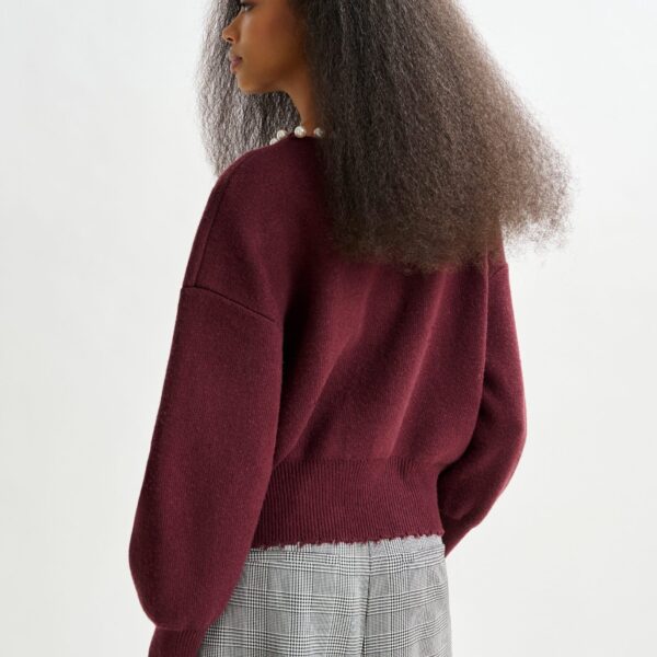 Essentiel Antwerp Burgundy pearl-embellished cardigan - Essentiel Antwerp Knitwear - Colorful Belgian Design - Shop at Coveti