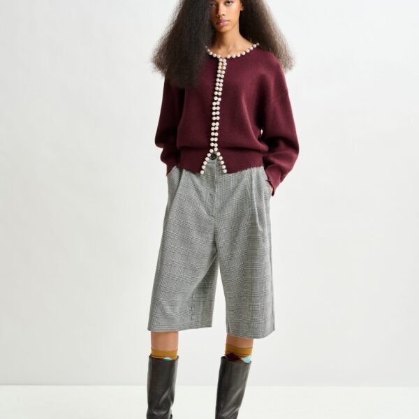 Essentiel Antwerp Burgundy pearl-embellished cardigan - Essentiel Antwerp Knitwear - Colorful Belgian Design - Shop at Coveti