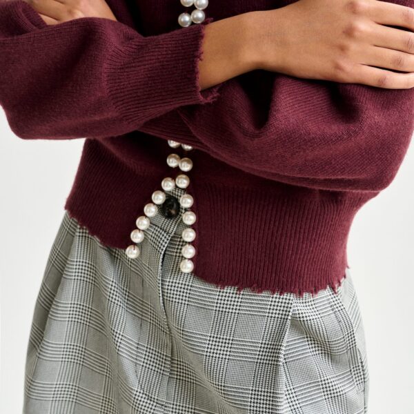 Essentiel Antwerp Burgundy pearl-embellished cardigan - Essentiel Antwerp Knitwear - Colorful Belgian Design - Shop at Coveti
