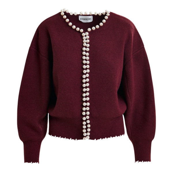 Essentiel Antwerp Burgundy pearl-embellished cardigan - Essentiel Antwerp Knitwear - Colorful Belgian Design - Shop at Coveti