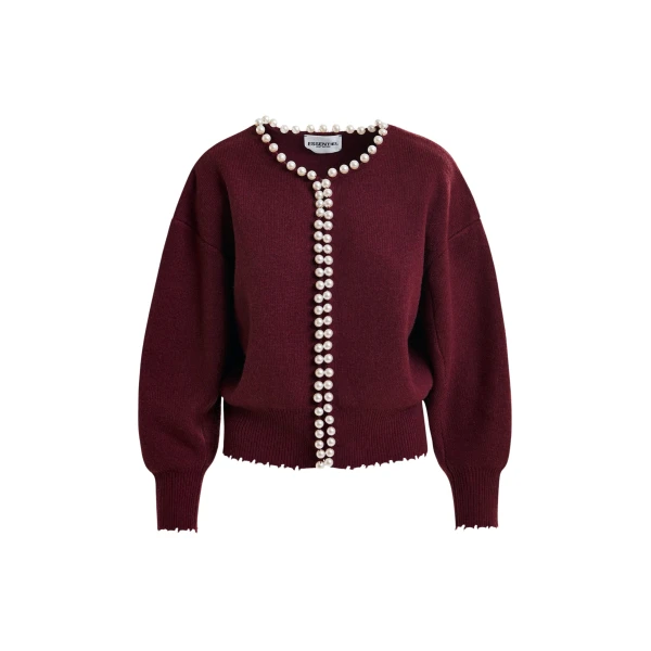 Essentiel Antwerp Burgundy pearl-embellished cardigan - Essentiel Antwerp Knitwear - Colorful Belgian Design - Shop at Coveti