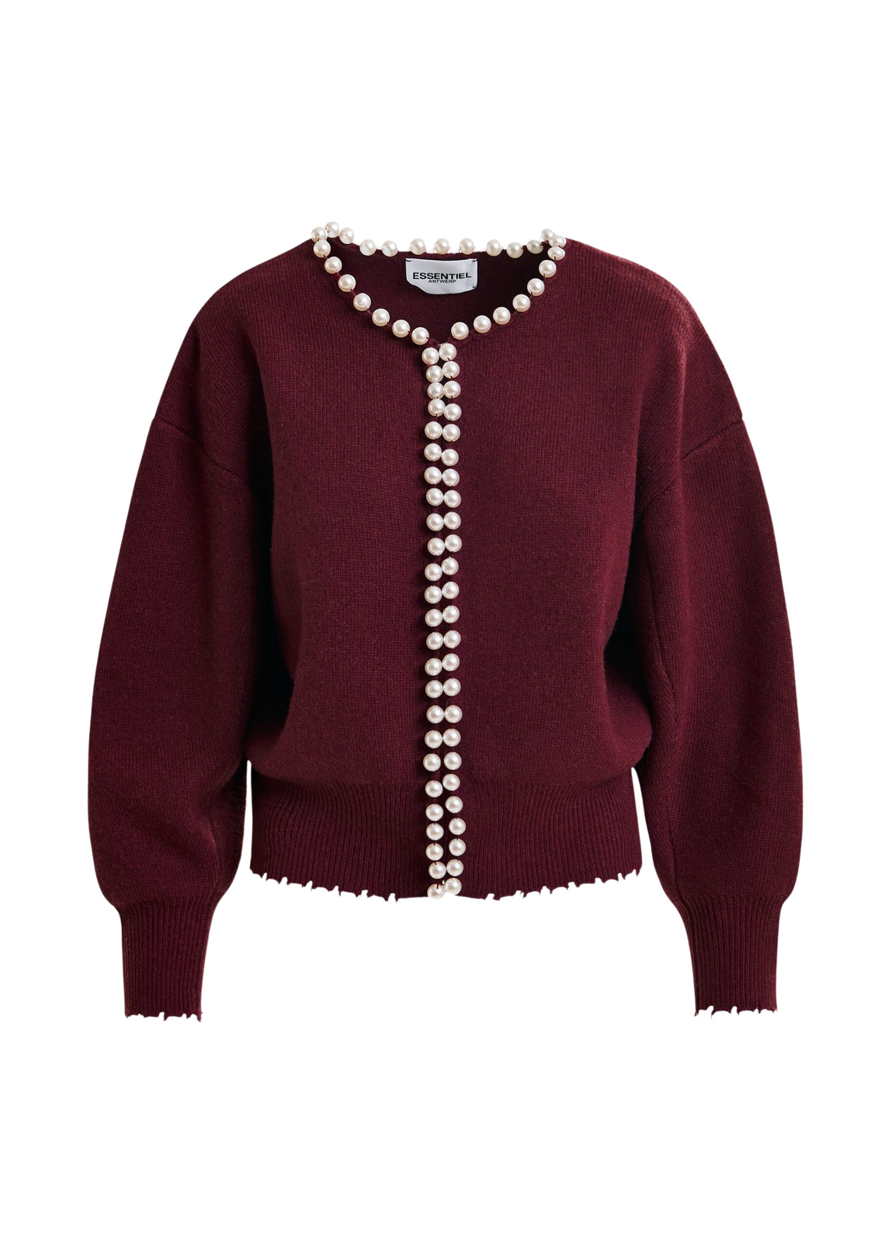 Essentiel Antwerp Burgundy pearl-embellished cardigan - Essentiel Antwerp Knitwear - Colorful Belgian Design - Shop at Coveti