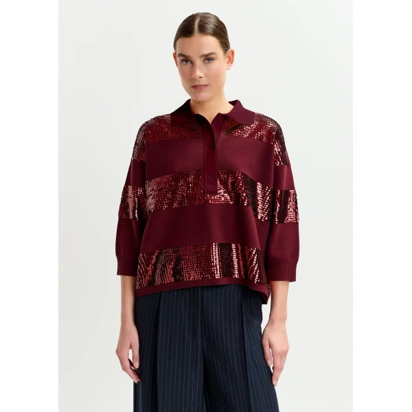Essentiel Antwerp Burgundy striped sequin-embellished polo Top, view 2